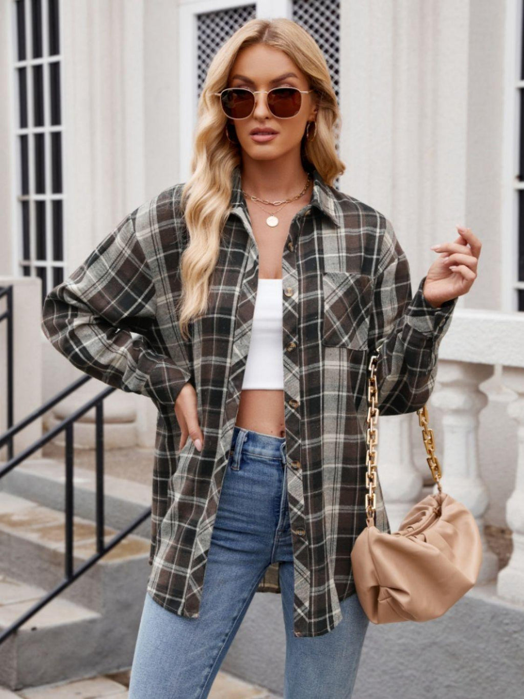 Pocketed Plaid Shirt Collared Neck Long Sleeve Button up aacaea22-69a4-433e-966c-5a3d57f69570-Max Trendsi