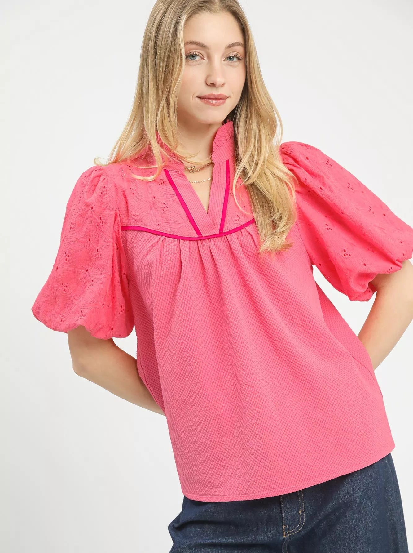Umgee Blouse Eyelet Mix Puff Short Sleeve Top with Contrast Piping Peony Pink PEONY aacc4030-a8fe-4fbe-b93c-f7093ee23222-Max-Origin Trendsi