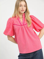 Umgee Blouse Eyelet Mix Puff Short Sleeve Top with Contrast Piping Peony Pink PEONY aacc4030-a8fe-4fbe-b93c-f7093ee23222-Max-Origin Trendsi