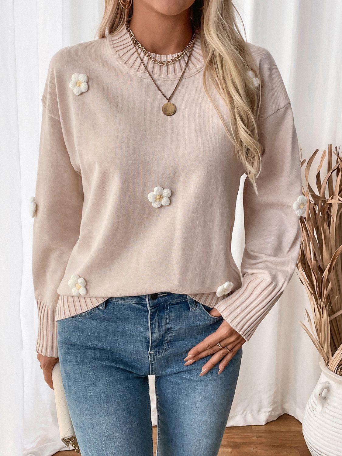 Perfee Sweater Flower Round Neck Long Sleeve Knitwear Dust Storm aad12dbb-b4ea-49cd-85fd-cf6f76dd9882-Max Trendsi