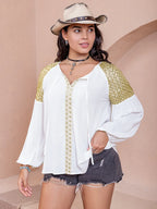 Plus Size Sequin Tie-Neck Blouse with Dropped Shoulders