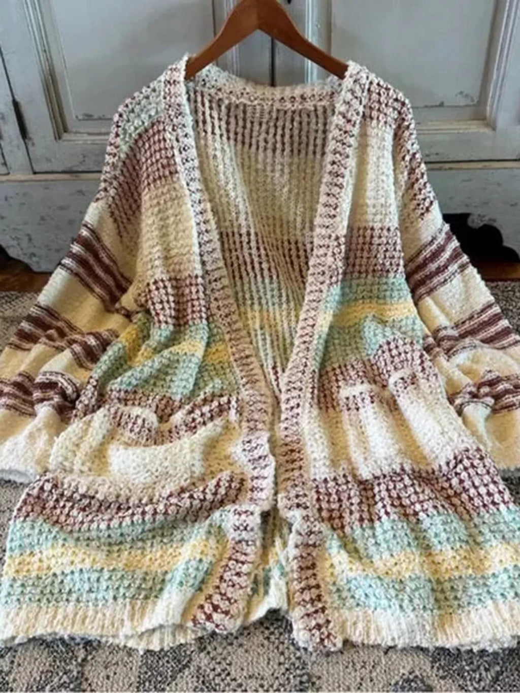 Women's Cardigan Beige Striped Open Front Longline Oversized Knit aade90ef-a99e-49ff-b13c-970764f784f3-Max-Origin Trendsi