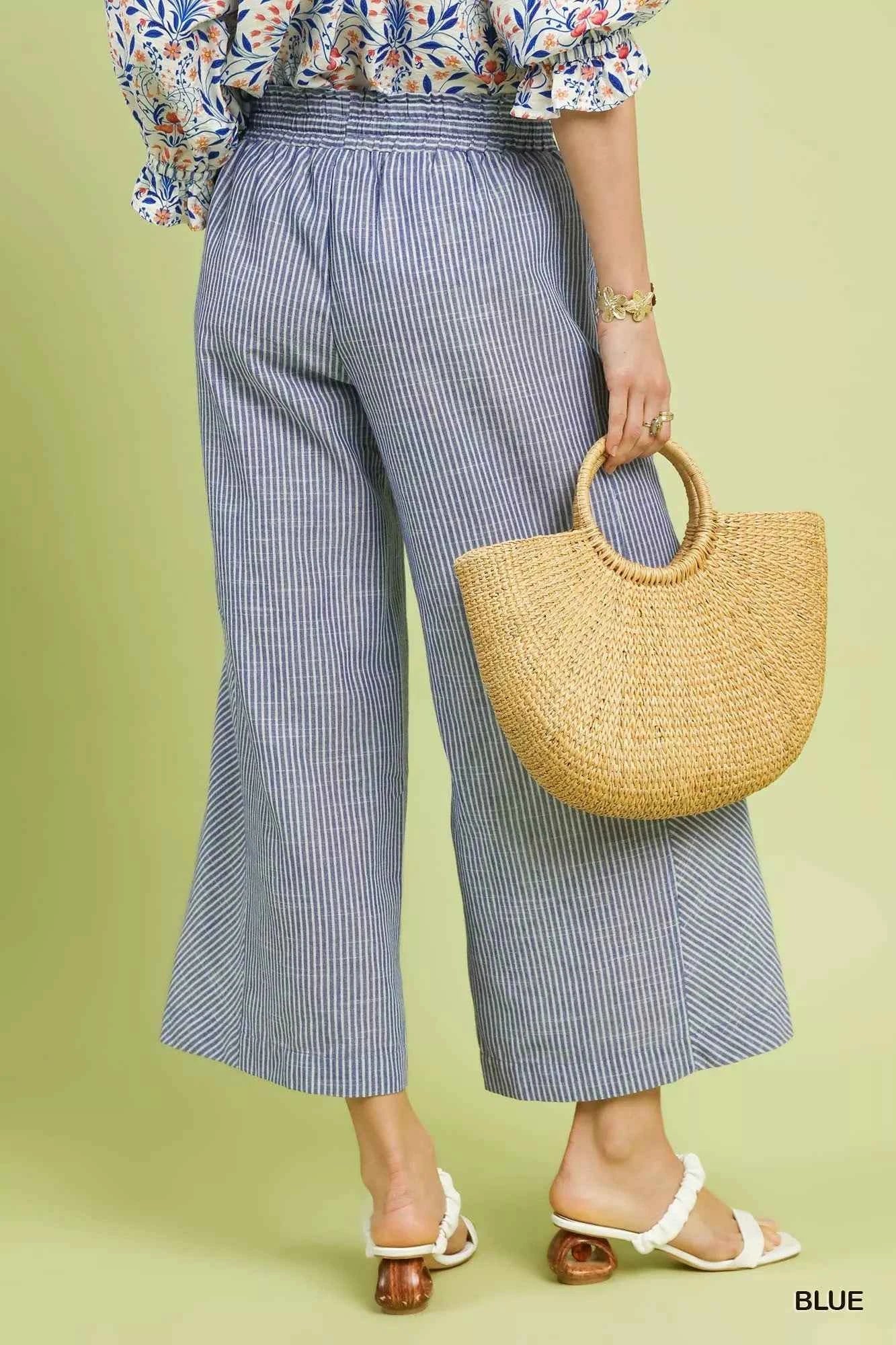 Umgee Linen Blend Wide Leg Pants Blue Striped Drawstring Waist Trousers aae064be-6056-4dcd-a4f0-2af63e6c7ba7-Max-Origin Trendsi