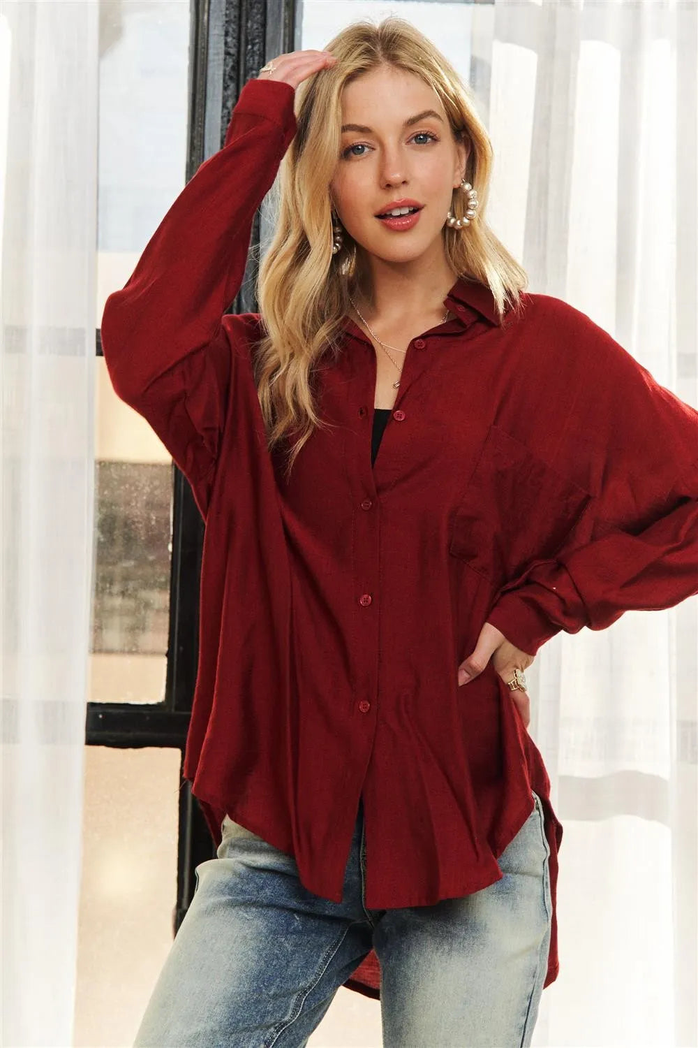 ADORA Linen Shirt Burgundy Oversized Pocketed Long Sleeve Top aae190cfdc6944e099d3635dc75cce26-Max-Origin Trendsi