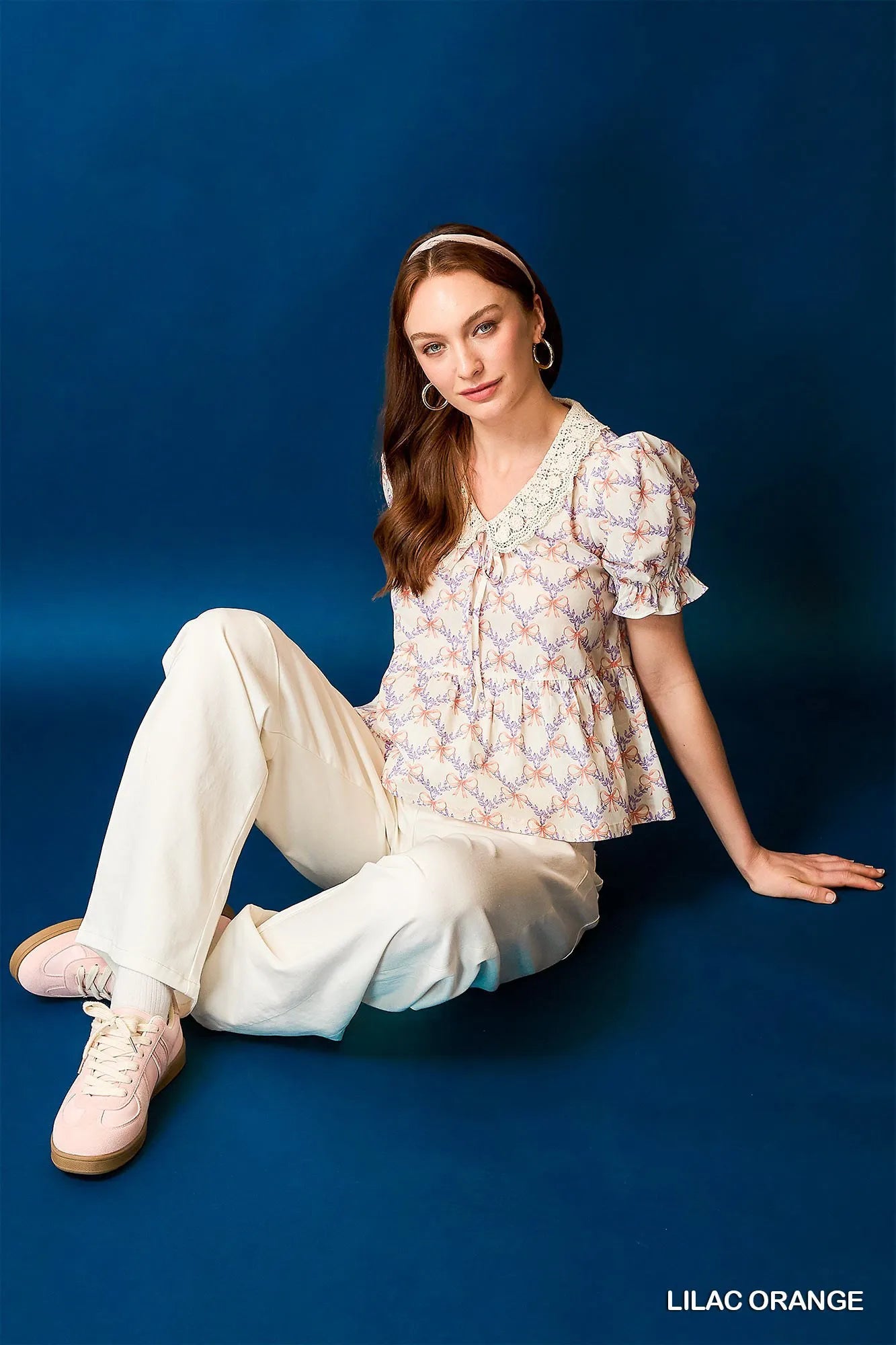 Umgee Blouse Bow Lilac Orange Floral Print Lace Detail Flounce Short Sleeve Top aae36ae3-4ee2-4841-8992-913505ccf340-Max-Origin Trendsi