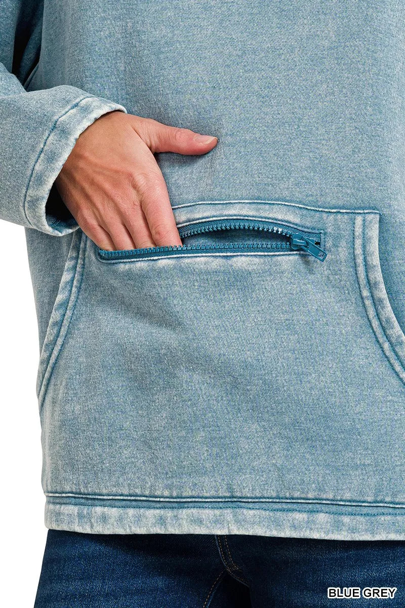 Zenana Women's Sweatshirt Fleece Blue Gray Washed High Neck Kangaroo Pocket aaec5f9ffe324854b55437fa47f038f9-Max-Origin Trendsi