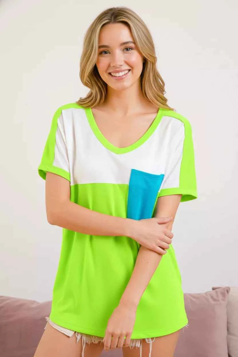 BiBi Color Block Neon Trim Pocket T-Shirt