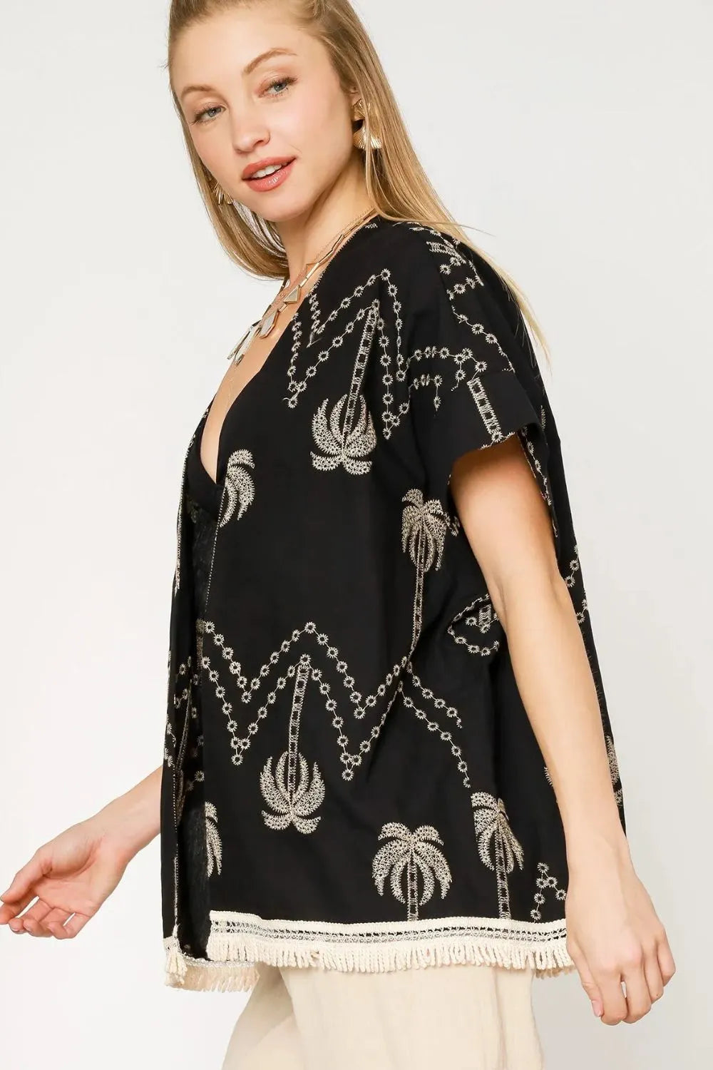 Umgee Kimono Black Floral Embroidered Open Front Fringe Women's Top