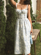 Midi Cami Dress Floral Print Light Blue Smocked Lace Up Buttoned Light Blue aaf71453-190b-41f7-b89c-2dff8904cf5f-Max-Origin Trendsi