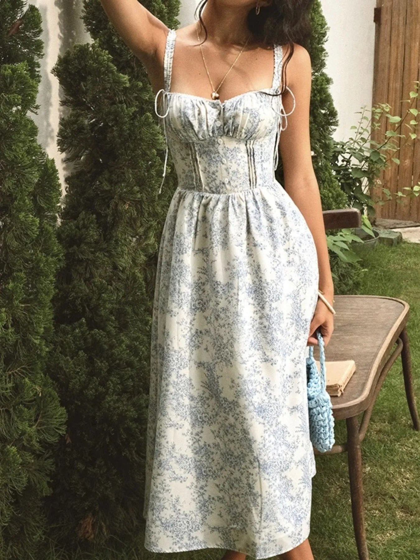 Midi Cami Dress Floral Print Light Blue Smocked Lace Up Buttoned Light Blue aaf71453-190b-41f7-b89c-2dff8904cf5f-Max-Origin Trendsi