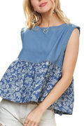 ADORA Denim Top Sleeveless Floral Contrast Blue Ruffle Blouse DENIM ab01288c31da4a8788a462e0eca31ffb-Max-Origin Trendsi