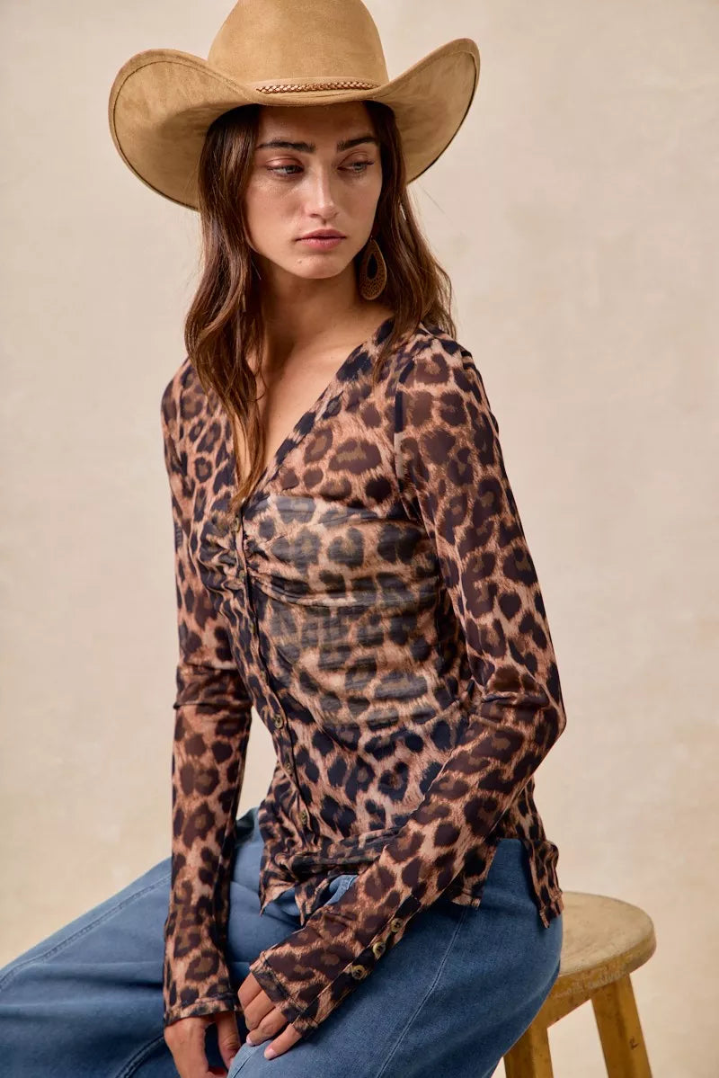 BiBi Women's Shirt Leopard Printed Mesh With Button Up V Neck Long Sleeve ab05824e91264c25aeb63442ea456386-Max-Origin Trendsi