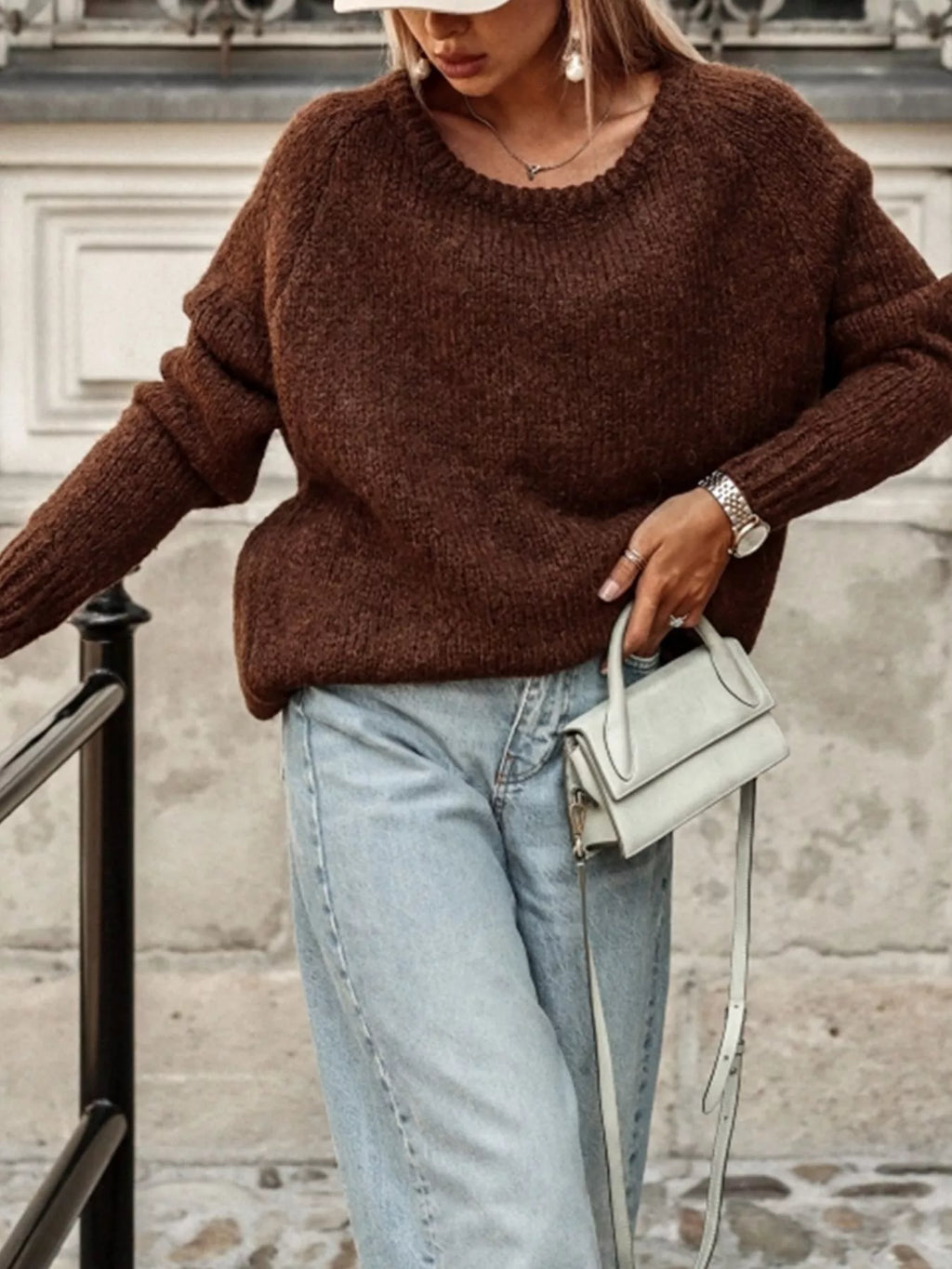 Women's Sweater Brown Knit Round Neck Drop Shoulder Oversized Pullover ab0a0d0c-2420-454b-8739-c99966c2a9f5-Max-Origin Trendsi