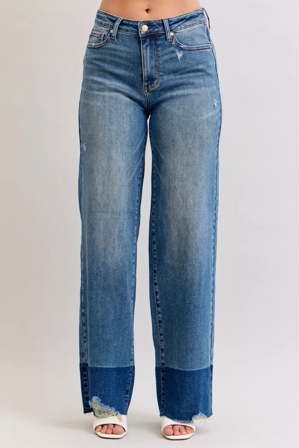 Judy Blue Column Straight Jeans Raw Hem High Waist Dark Washed Pants ab0c9f8ea37c4afd89746534f543f75e-Max-Origin Trendsi
