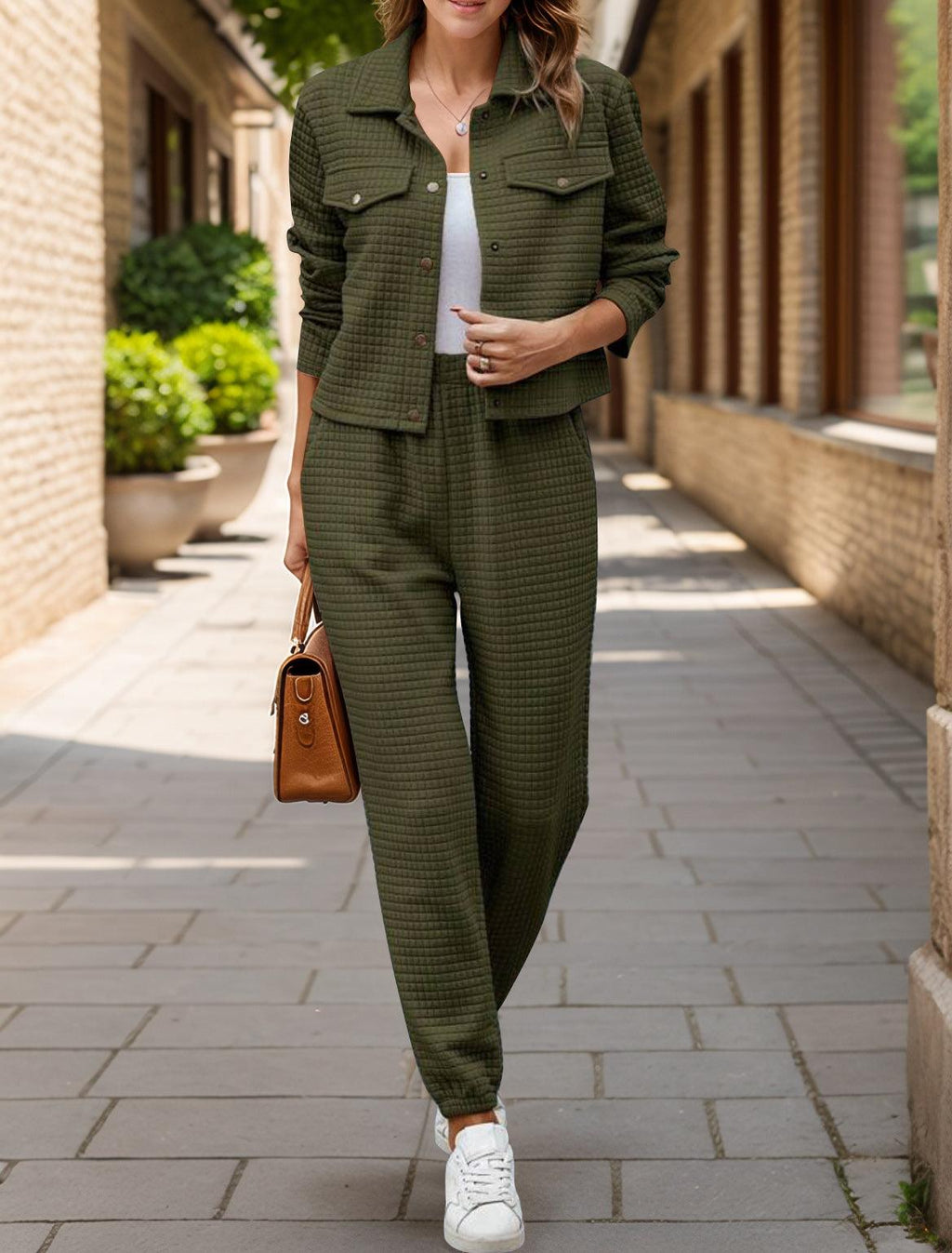 Outfit Set Plaid Texture Snap Down Top and Pants Set Army Green ab0d2333-9d34-4b95-8b9b-117aba5f77cb-Max Trendsi