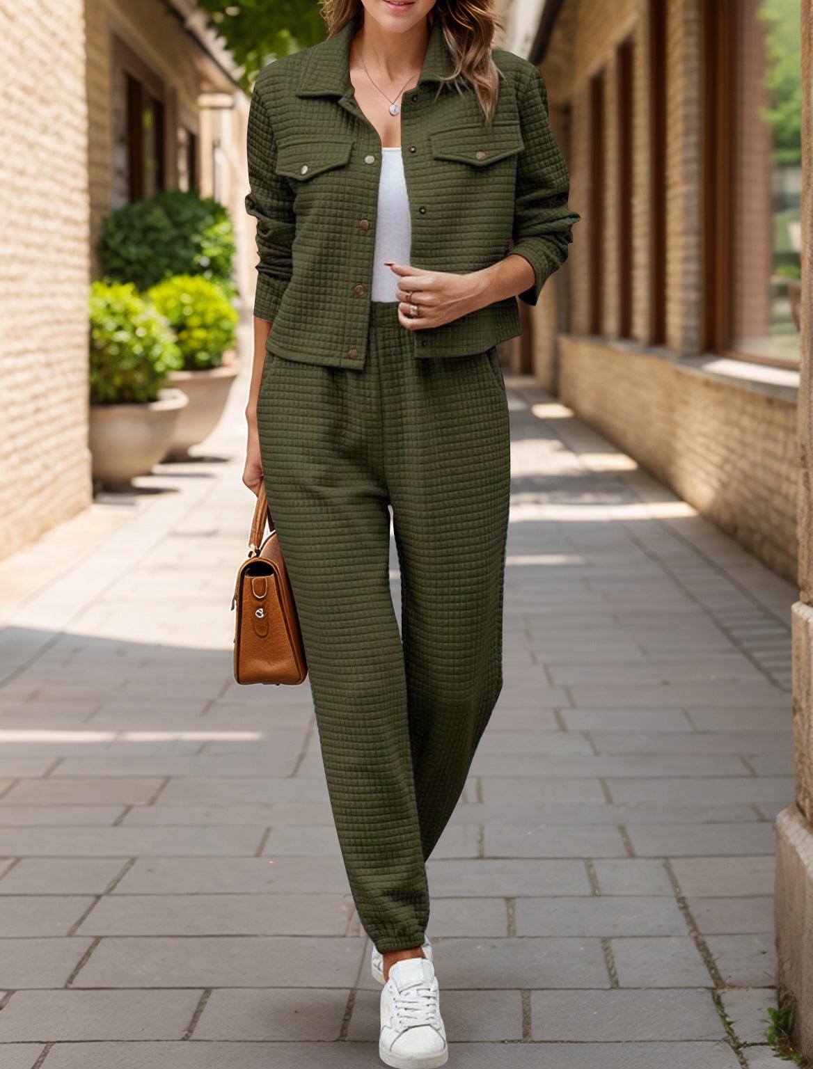 Outfit Set Plaid Texture Snap Down Top and Pants Set Army Green ab0d2333-9d34-4b95-8b9b-117aba5f77cb-Max Trendsi