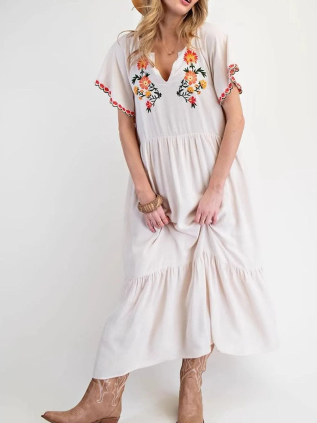Midi Dress Floral Embroidered Notched Flutter Short Sleeve Ruffled Oversized White ab0ffdd8-8e69-4bb8-ae6e-537cc8ce90d3-Max-Origin Trendsi