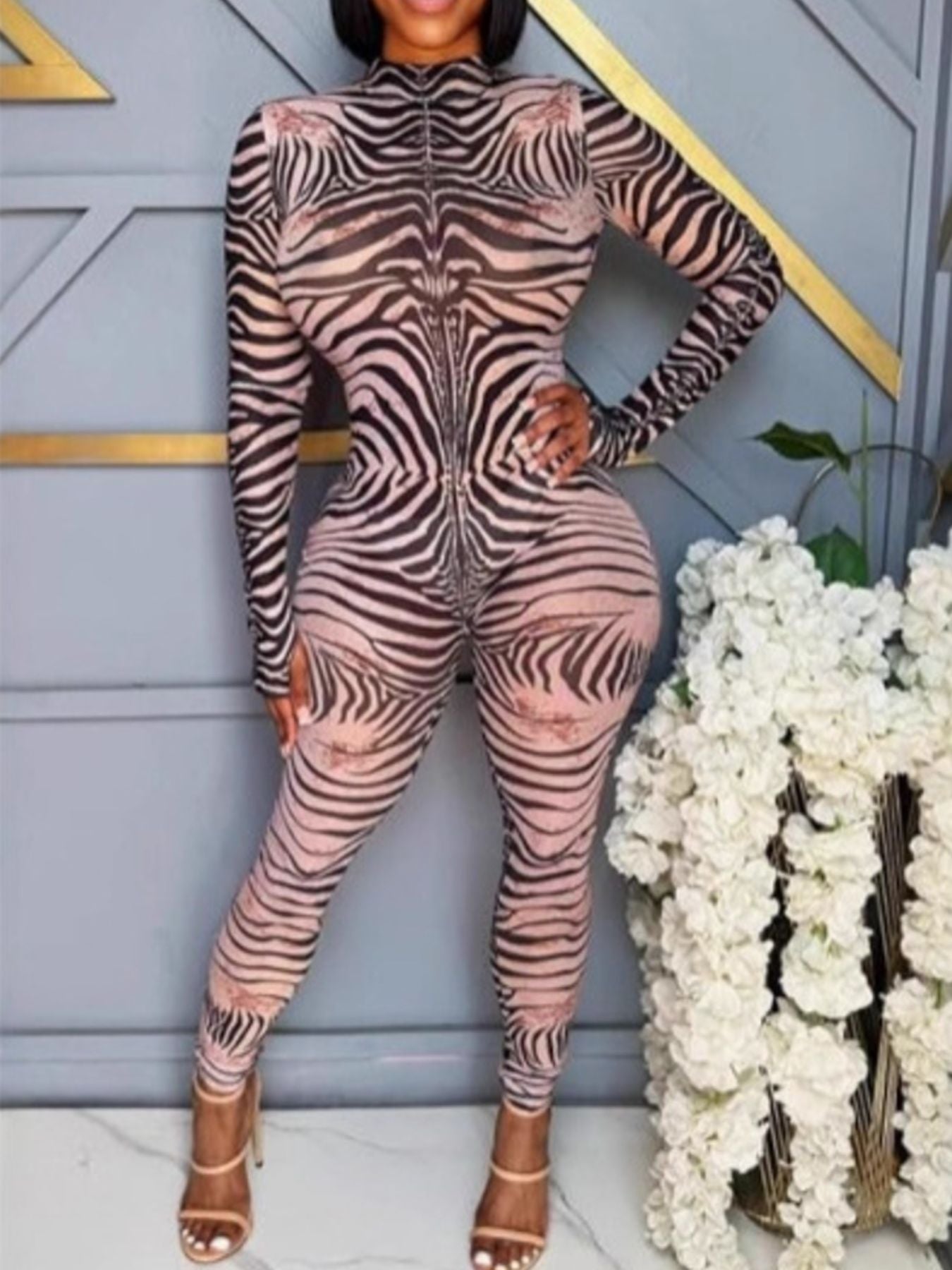 Zebra Print Long Sleeve Bodycon Jumpsuit with Zipper