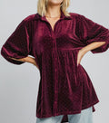 Umgee Shirt Blouse Women Burgundy Velvet Polka Dot Button Up Half Sleeve Burgundy ab29476f-1712-40b6-8043-b75cec2aa78c-Max Trendsi