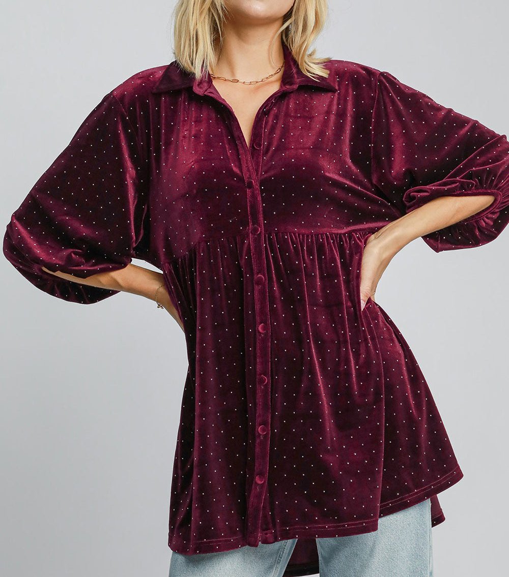 Umgee Shirt Blouse Women Burgundy Velvet Polka Dot Button Up Half Sleeve Burgundy ab29476f-1712-40b6-8043-b75cec2aa78c-Max Trendsi