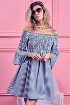 BiBi Short Dress Off Shoulder Denim Blue Striped Smocked Ruffled ab2b8286853b47489acf279d26da96bf-Max-Origin Trendsi
