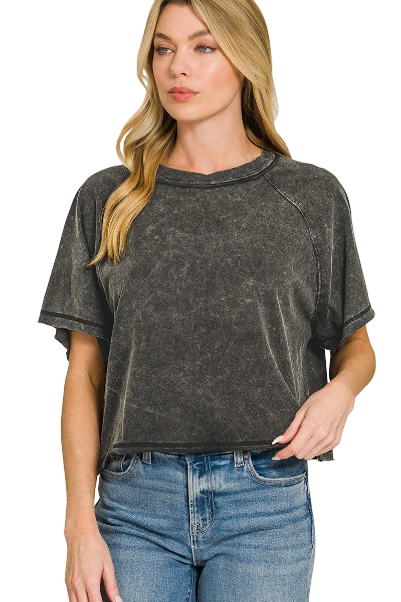Zenana Acid Washed Round Neck Cropped T-Shirt