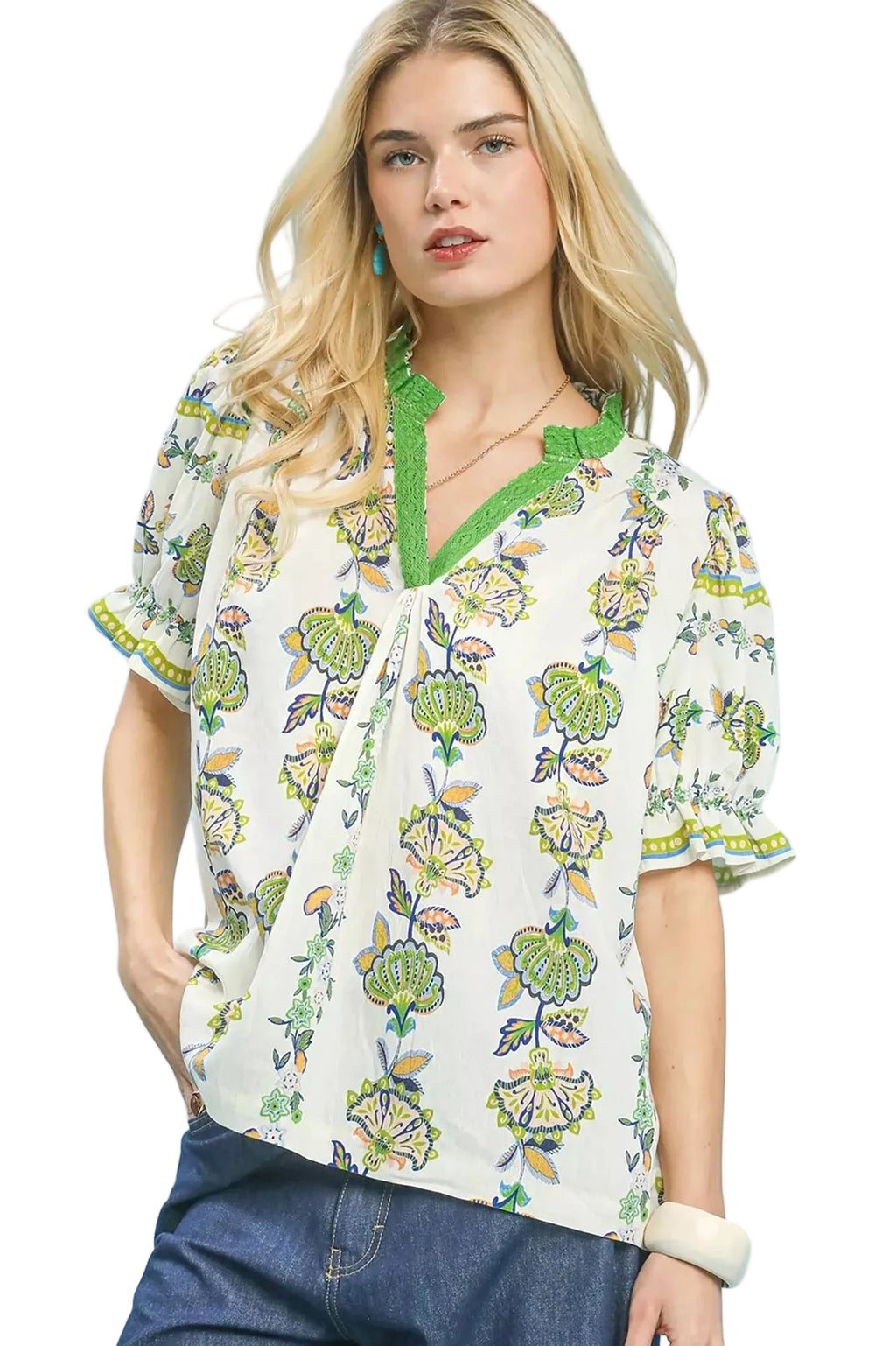 Umgee Abstract Border Print V-Neck Top with Frill and Lace Details