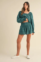 MABLE Outfit Set Embroidered Lace Teal Green Scalloped Long Sleeve Top and Short ab3465996e314805825da570f25fca80-Max-Origin Trendsi