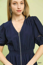 Umgee Midi Dress Navy Blue Zip-Front Smocked Waist Short Puff Sleeve ab3568c3-61b5-44fd-8077-4c5d52dcc2a8-Max-Origin Trendsi