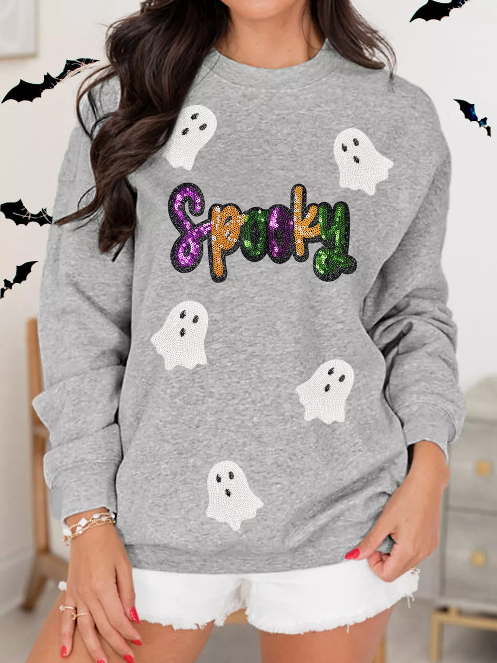 Halloween Women's Sweatshirt Spooky Ghost Sequin Gray Pullover Gray ab3927bc32634d50a4dc138f4a5dbf1c-Max-Origin Trendsi