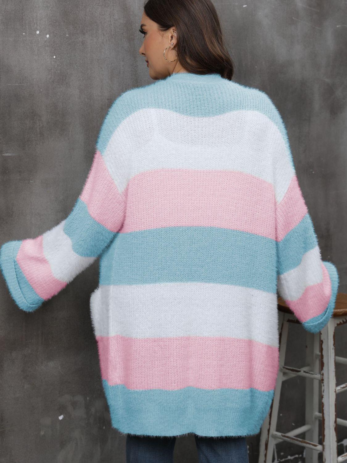 Plus Size Cardigan Striped Open Front Long Sleeve Knitwear ab3d9e87-f4f7-4716-83d6-ad26fce5f6d7-Max Trendsi