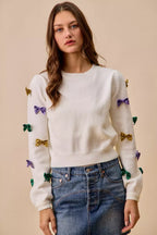 SO ME Sweater Knit Top Mardi Gras Glitter Bow Ribbon Ivory IVORY ab3eb3c65e234aae9d999139d82f1b2d-Max-Origin Trendsi