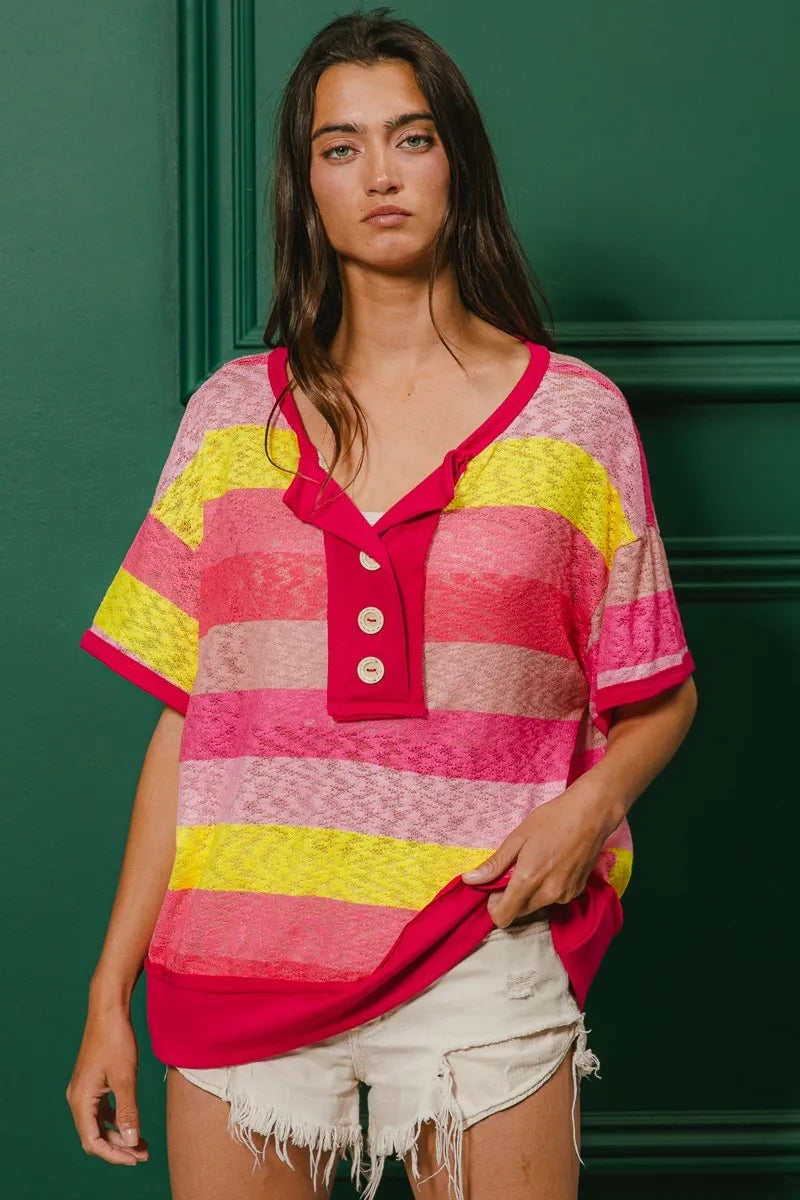 BiBi Multi Color Stripe Top Hacci Button Detail Ringer Short Sleeve T-shirt ab3ecc93c8594100b4495d5b65b66373-Max-Origin Trendsi