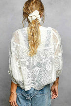 POL Open Front Crochet Cardigan with Floral Embroidery