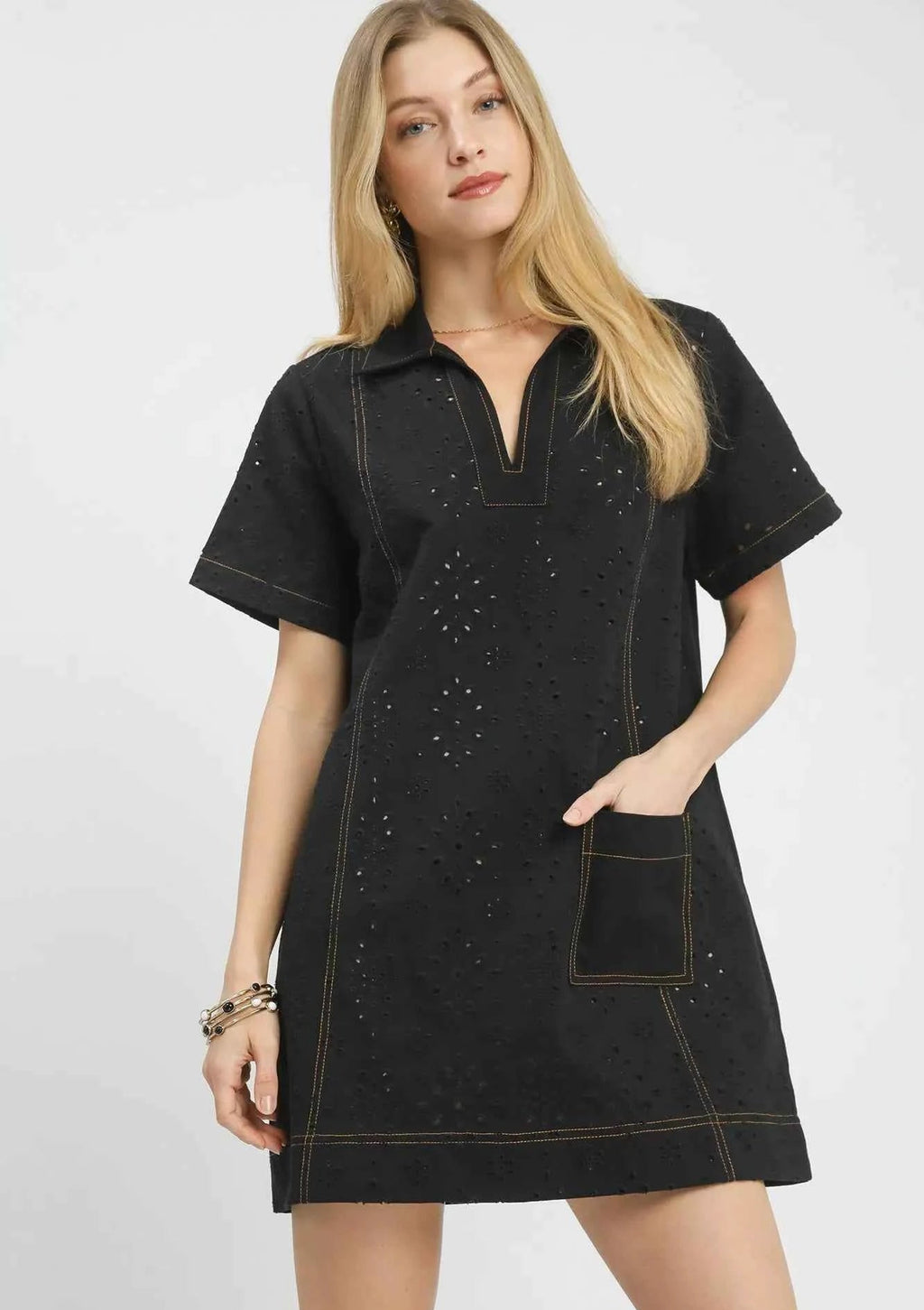 Umgee Shift Mini Dress Black Eyelet Cotton Short Sleeve with Pocket Black ab4f6b3f-1640-4ab7-9760-0149126db24b-Max-Origin Trendsi