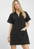 Umgee Shift Mini Dress Black Eyelet Cotton Short Sleeve with Pocket Black ab4f6b3f-1640-4ab7-9760-0149126db24b-Max-Origin Trendsi