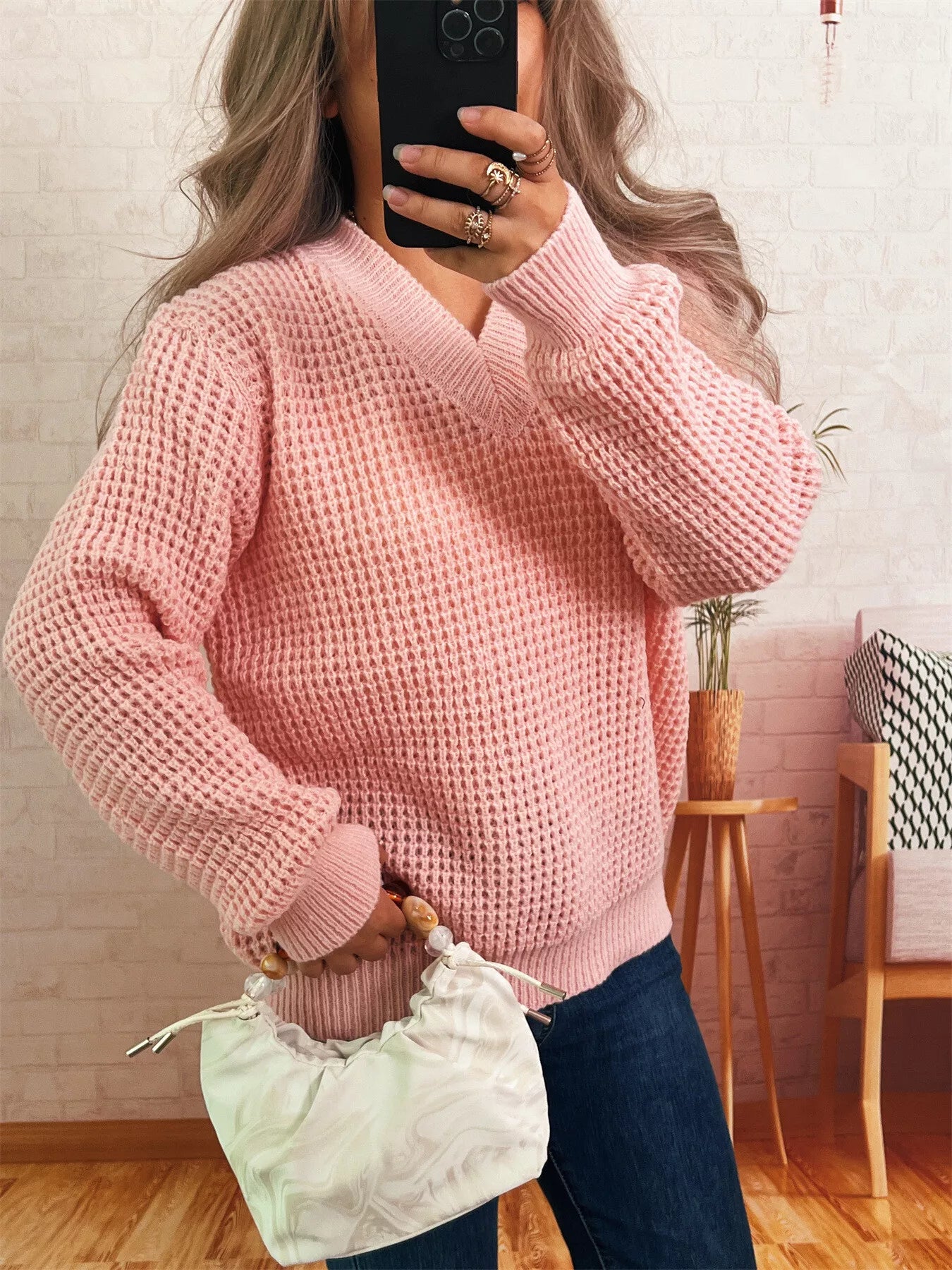 Women's Sweater V-Neck Textured Knit Loose Pullover ab5566ac20fa4885b02d4b2df6e9992e-Max-Origin Trendsi