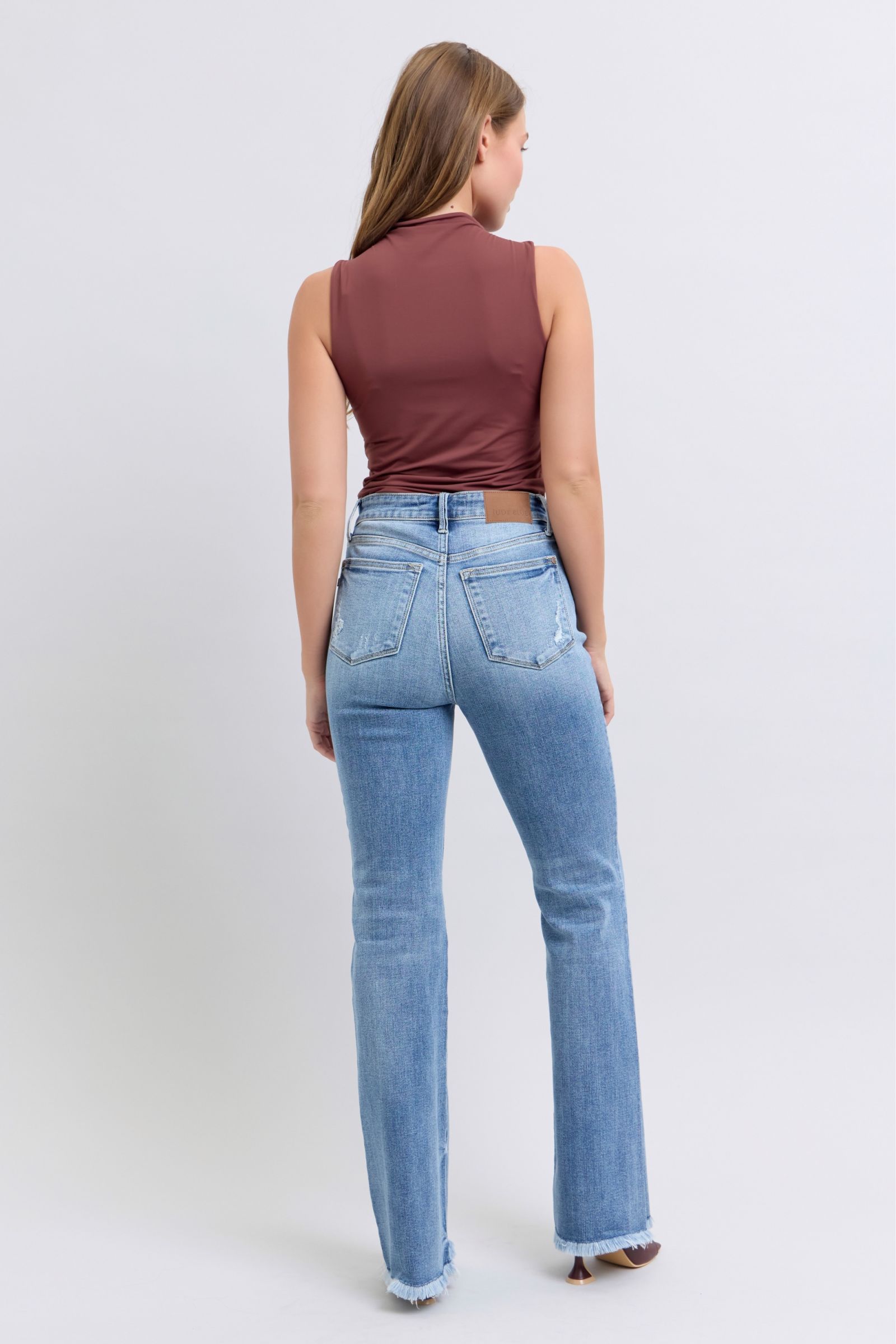 Judy Blue Women Jeans Raw Hem Women High Rise Bootcut Medium Wash Denim