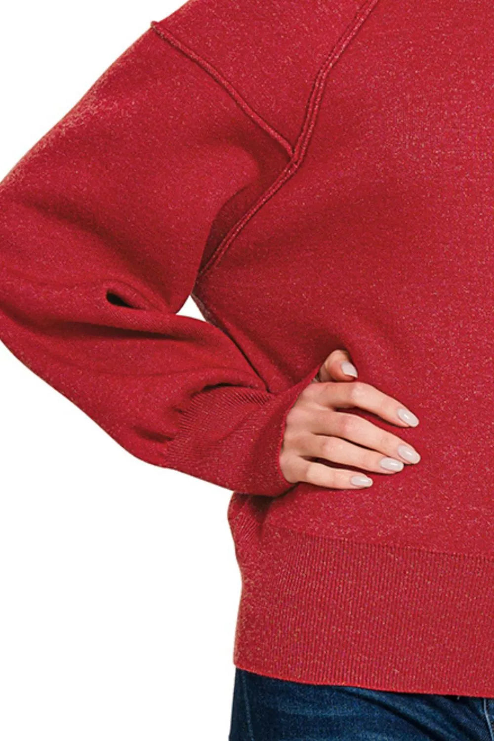 Zenana Viscose Sweater Red Mock Neck Exposed Seam Pullover ab659eb5-ac5e-4e9f-a2fd-cf77534aedbf-Max-Origin Trendsi