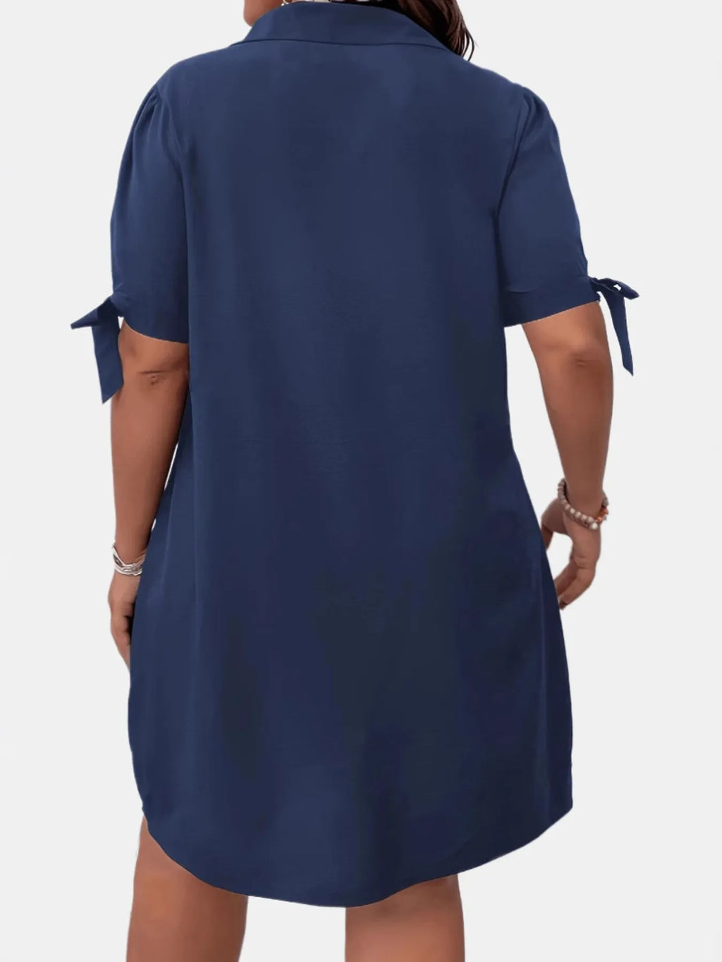 Navy Shift Dress Mini Button Detail with Tie Short Sleeves ab6c8c316c1d405f8ba38d5db0b86d17-Max-Origin Trendsi