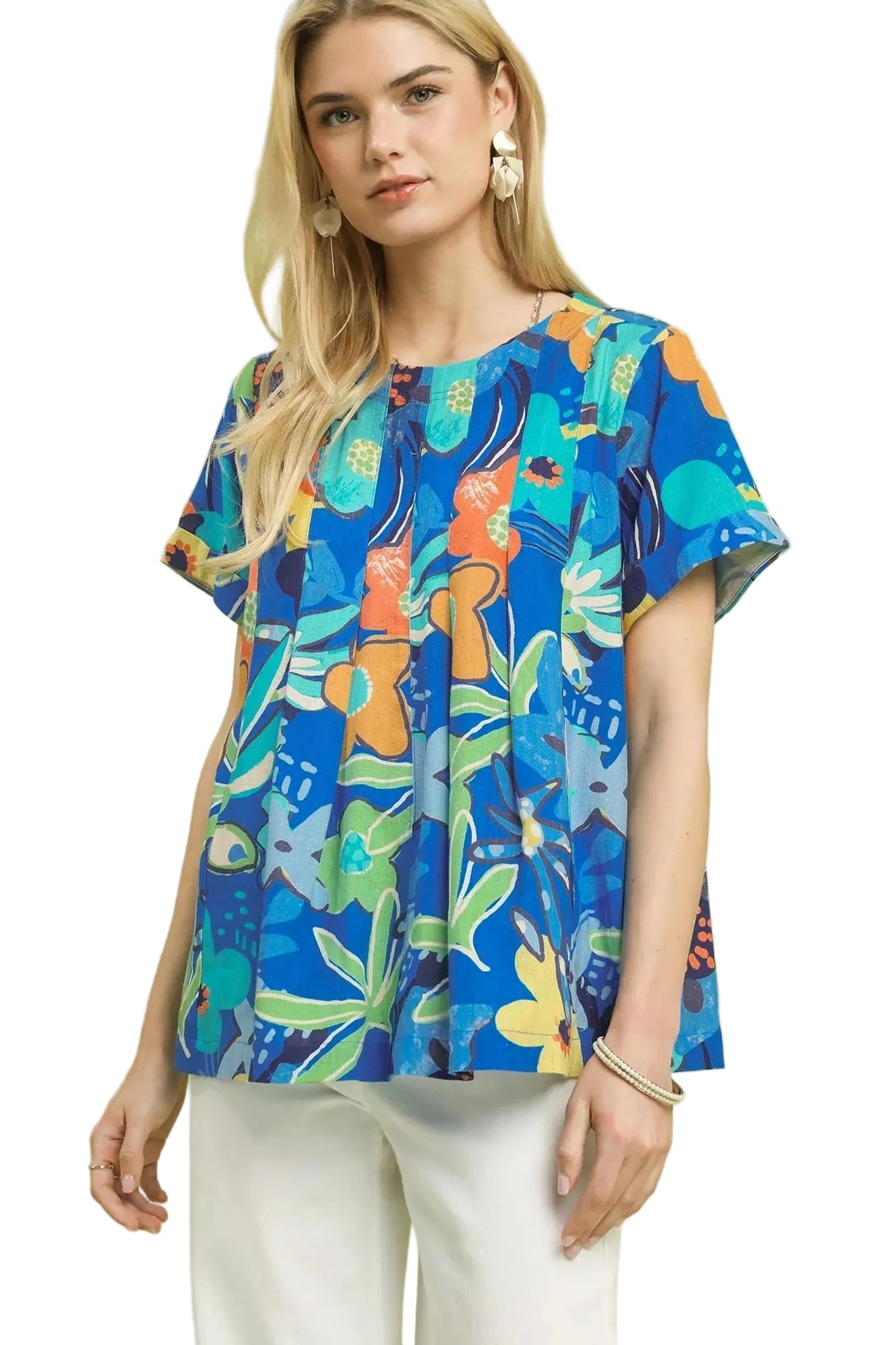Umgee Abstract Floral Pleated Blouse