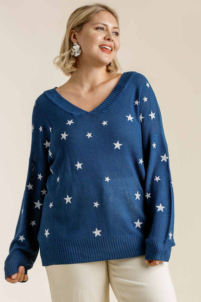 Umgee Knit Top Star Pattern V Neck Long Sleeve Women Navy Pullover ab75db69-8b36-40dd-bc35-782d0fe12f4a-Min Trendsi