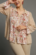 Umgee Shirt Floral Mixed Print Metallic Detail Long Ruffle Sleeve Top ab773b9e-dfef-42d7-ac5d-da0ee3947846-Max Trendsi
