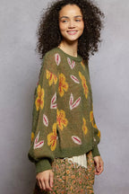 POL Womens Sweater Olive Floral Pattern Round Neck Balloon Sleeve ab78c4b4-9bfa-40f6-99b1-a65bd247dfd1-Max-Origin Trendsi