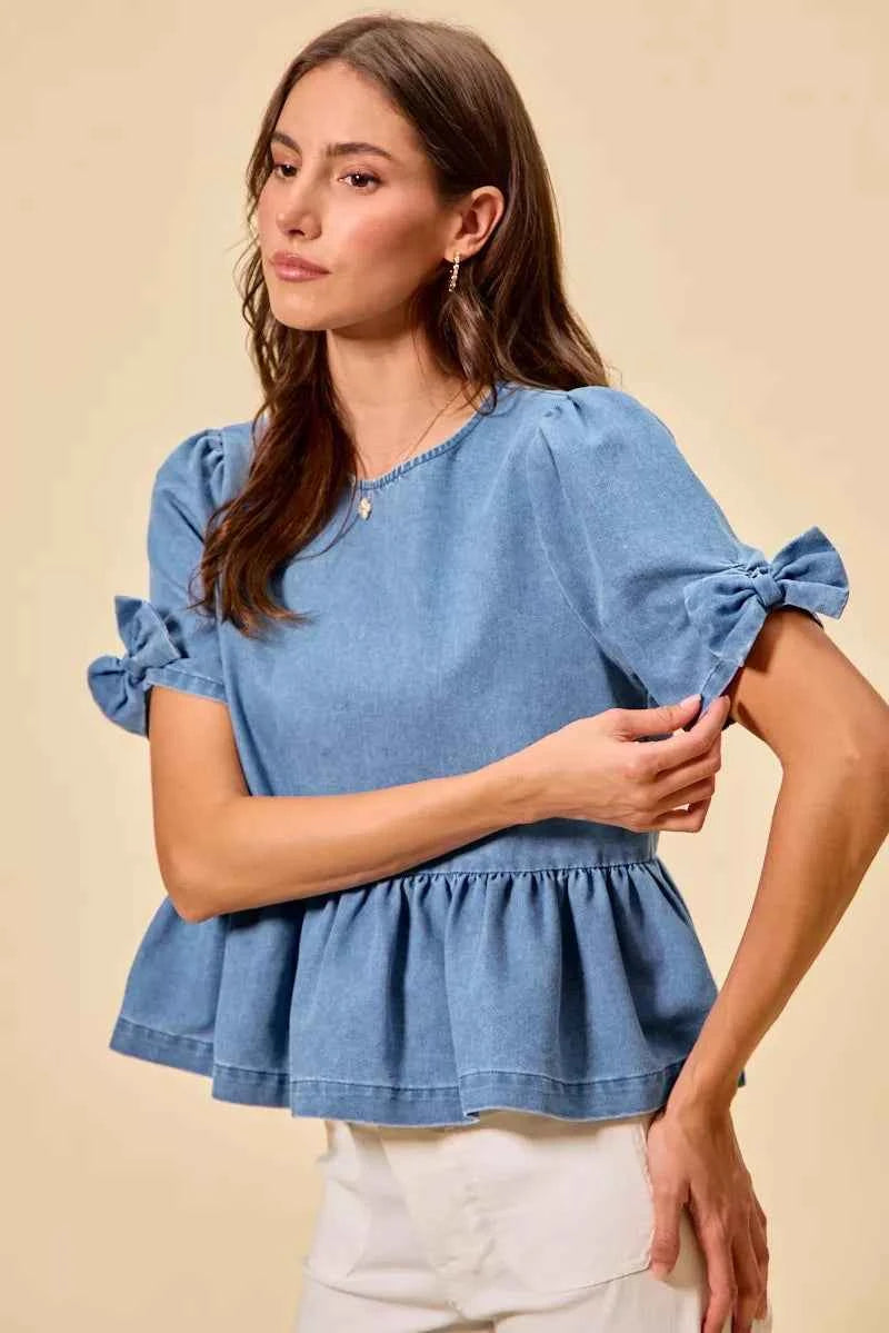 SO ME Denim Bow Detail Short Sleeves Peplum Top