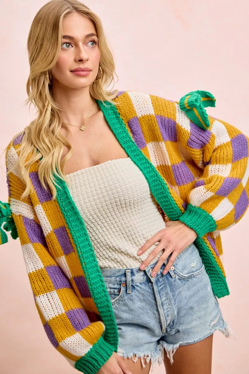 BiBi Women Cardigan Mardigras Checker Board Front Open Bow Sleeves ab822b3e604f4ffb95d29c21719c8a9d-Max-Origin Trendsi