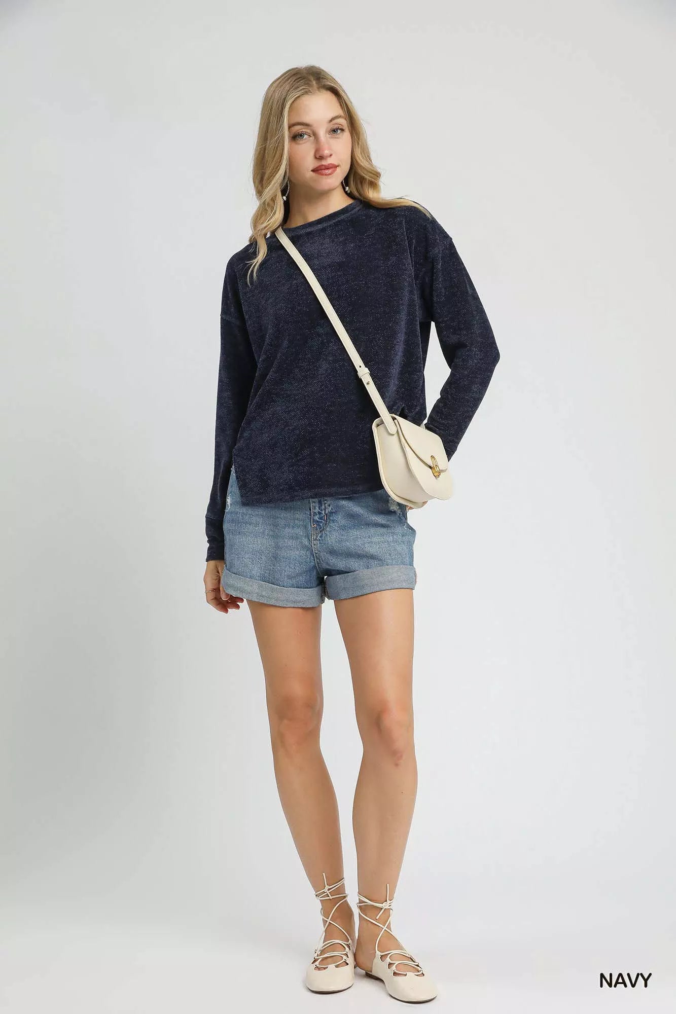 Umgee Navy Blouse Round Neck Long Sleeve Side Slit Top ab85f9e8-6d28-4902-891b-ecd4f229a913-Max-Origin Trendsi