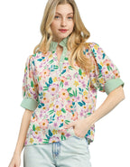 Umgee Floral Print Jacquard Ruffle Blouse Women’s Boho Top S-L