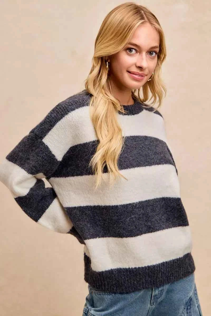 BiBi Wide Stripe Fuzzy Knit Round Neck Sweater