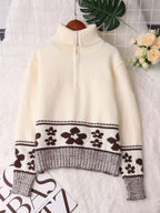Women's Sweater Flower Hem Zip Collar Long Sleeve Stylish Pullover ab8ad4b632f441e99000137cfb1e05a1-Max-Origin Trendsi